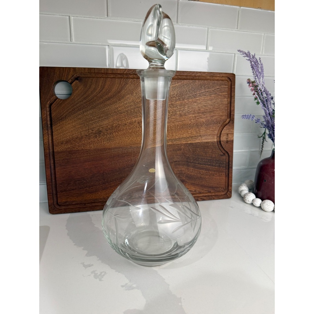 Vintage Romania Handcrafted Crystal Decanter Etched Floral Glass Stopper 13.5in